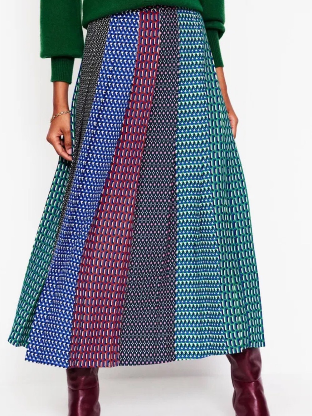 Boden Knife Pleat Midi Skirt in Blue, Green & Burgundy, new without tags
